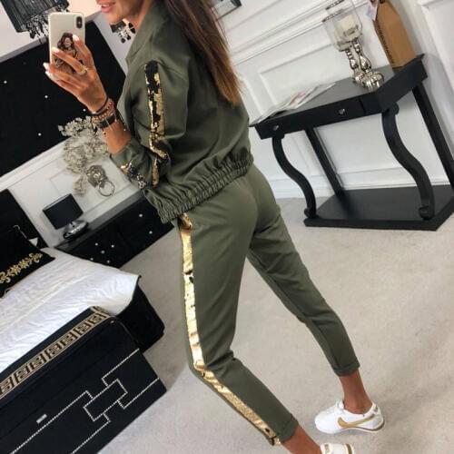 Autumn High Quality Tracksuit Fashion 2 Piece Women Set Hooded Full Sleeve Tracksuit Lady Sequin Zipper Jacket Bodycon Pants Set