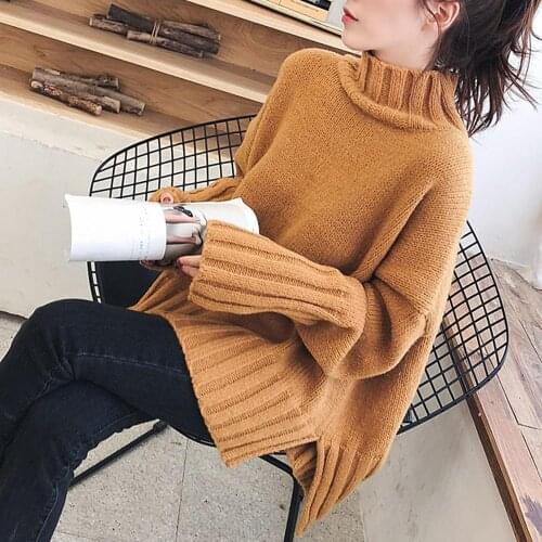 Autumn Winter Women Long Sleeve Turtleneck Split Hem Knitted Pullover Sweater Jumper Femme Slim Solid Color Pullovers Sweater