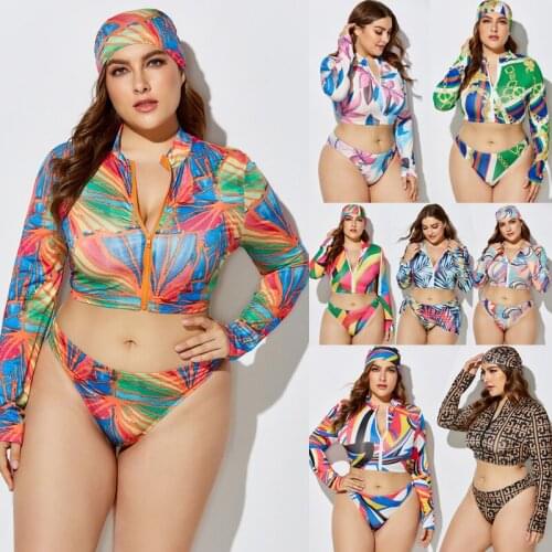 PLUS SIZE Printed Bikini Large Size Split Swimsuit Tied Headband Triangle Bandana