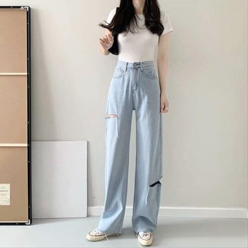 2021 Version of Light-colored Jeans with Holes, Womens Thin Design In Summer, High Waist and Wide Legs, and Old Pants DLZK573