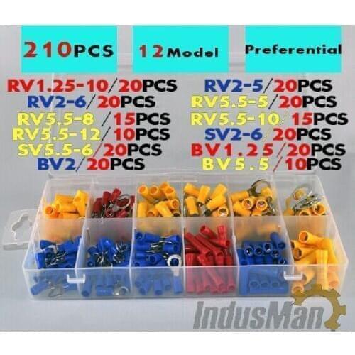 210pcs Corrente 12 Models Insulated Electrical Terminals Cooper Crimp Connector Assorted Kit /spade Ring Bv.fork Ferrule