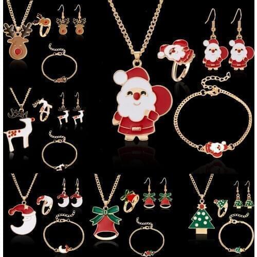 4pcs/set Christmas Jewelry Sets Santa Claus Xmas Tree Bells Elk Necklace Earrings Bracelet Ring Women Girls 2021 New Year Gift