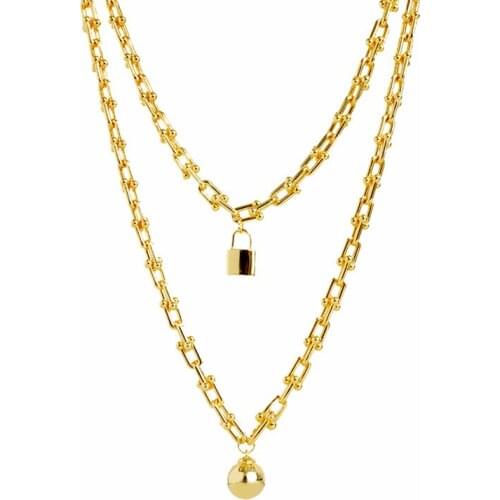 Bamboo Joint Shaped 95cm Length Necklace Jewelry Fashion Design Ball and Lock Pendant 2 Layer Necklaces for Women Party Jewelry