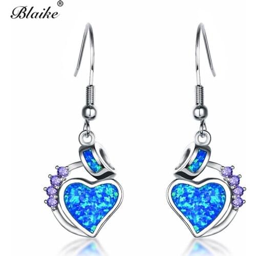 Blaike Love Heart Dangle Blue White Fire Opal Drop Earrings For Women 925 Sterling Silver Purple Zircon Birthstone Earrings Gift