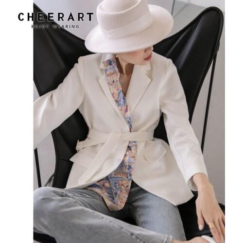 CHEERART Designer White Lace Up Blazer Women With Scarves Korean Coat And Jacket Fashion Ladies Suits Blazer Long Sleeve