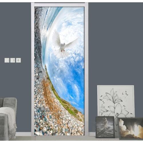 Blue Sky White Clouds Creative Sea View Door Mural Wallpaper PVC Waterproof Door Sticker 3D Bedroom Living Room Home Decoration