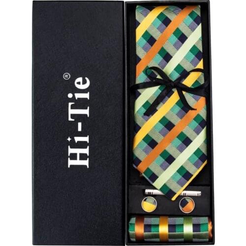 Plaid Tie for Men Silk Ties Green Cravat Checked Necktie Set Cufflinks Tie Clip Gift Box for Wedding Business Hi-Tie HT-218