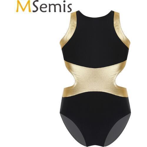 Gymnastics Leotard Girls Ballet ballerina dress kids Sleeveless Metallic Splice Back Side Waist Cutouts Ballet Dance Jumpsuit