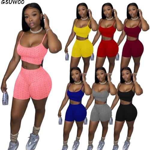 Gsuwoo Women Yoga Sports Sling Shorts Two-Piece Summer Set Solid Color Camis Top and Shorts Fitness Outfits Casual Suits S-XXL