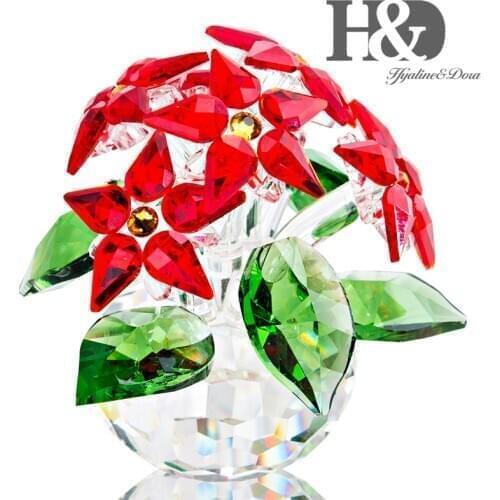 H&D Crystal Poinsettia Large Red Green Clear Holiday Ornament Home Table Paperweight Wedding Christmas Branch Flowers Collection