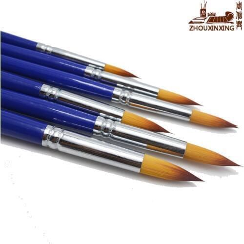 ZHOUXINXING gradual change color round head high quality nylon gouache brush blue birch wood short rods 6 pcs artist paint brush