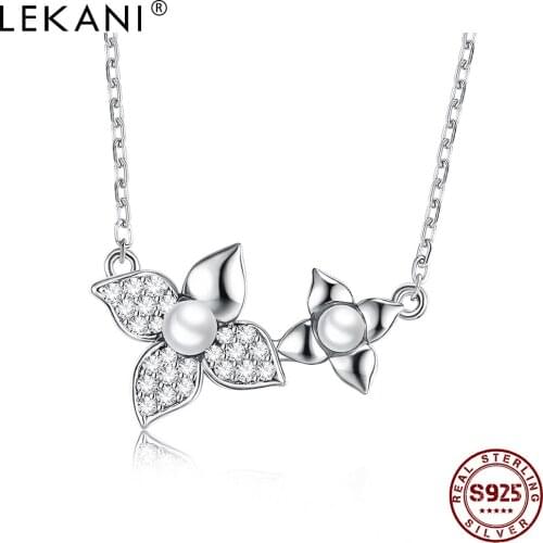 LEKANI Shell Pearl Necklace For Women S925 Sterling Silver Flower Like Plating Platinum Cubic Zirconia Inlay Leaf Fine Jewelry