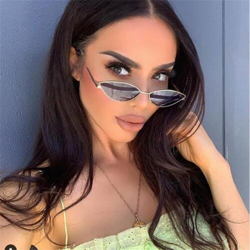 Metal Narrow Glasses Silver Mirror Triangle Sun Glasses For Women Vintage Tiny Small Cat Eye Sunglasses Feminine Hippie glasses