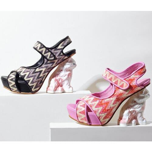 Moraima Snc Fashion Cat Pattern Stange Heels Woman Sandal Summer Peep Toe Glitter Embellished Platform Shoes Ankle Strap Heels