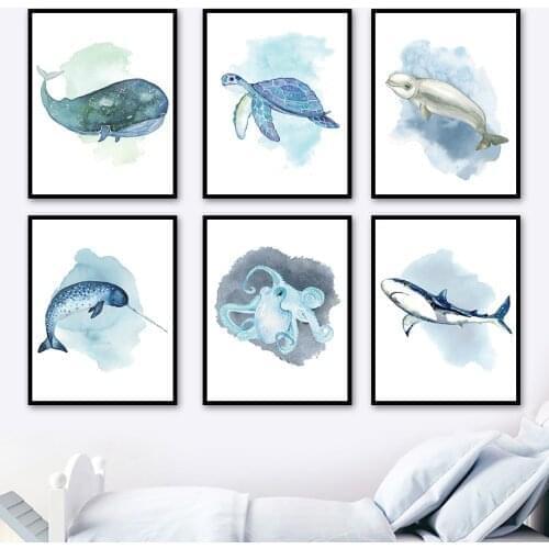 Marine Life Whale Shark Turtle Dolphin Octopus Wall Art Canvas Painting Nordic Posters And Prints Wall Pictures Kids Room Decor