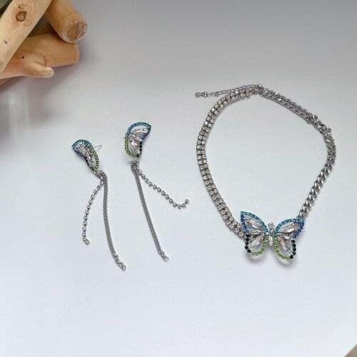 Origin Summer Luxury Bling Bling Butterfly Rhinestone Chokers Necklace for Women Hollow Long Tassel Earring Jewelry Pendientes