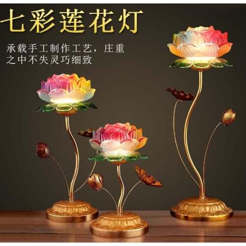 A PAIR 2PCS Buddhism high grade HOME Temple shrine enshrine worship Guanyin Buddha good luck safe lotus flower crystal lamp