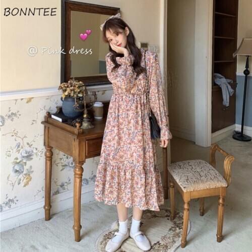 Long Sleeve Dress Women V-neck Ruffles Mid-calf Korean Sweet Style High Street Vintage Design Elegant Female Autumn Clothing New