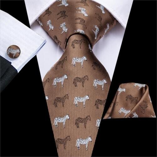 Hi-Tie Brown Print Silk Ties For Men Handkerchiefs Cufflinks Set Zebra Horse Style Large Mens Tie Gift For Men Jacquard Gravata