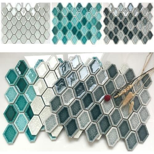 Simple North European Glossy Green Ice Crack Ceramic Rhombus Art Mosaic Tile for Bathroom Living Room Wall Floor Tile Decoration