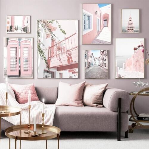 Pink Telephone Booth Sea Ocean Tower Wall Art Canvas Painting Nordic Home Decor Posters And Prints Wall Pictures For Living Room