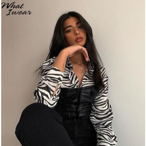 Zebra Print Pu Leather Patchwork Long Sleeve Vintage Shirts For Woman Party Club Activity Wear Skinny Tops Female Lady Tees