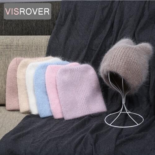 VISROVER 7 colors colorways rabbit fur cat ears with lurex woman winter hat solid color autumn beanies Warm bonnet skullies