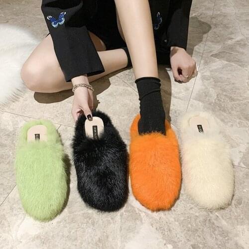 2021 New Autumn Winter Slippers Fur Slippers Women Shoes Woman Slides Solid Rabbit Fur Flat Lazy Ladies Mules Casual Warm Shoes