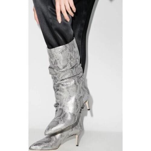 New Black Sliver Colorful Python Pleated Mid-calf Boots Woman Wide Calf Low Thin Heels Pointed Toe Slip On Short Boots Shoes
