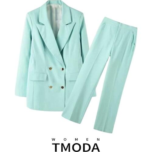 TMODA1406 Za 2021 Women Double Breasted Chic Autumn Casual Blazer Suit Coat + High Waist Wide Leg Pants Mop Pants 2 Piece Sets