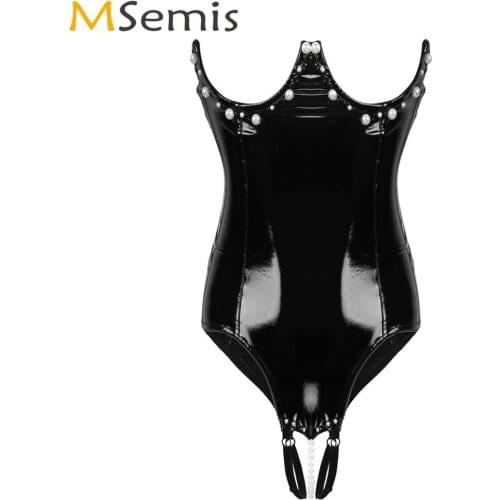 Women Porno Open Breast Latex Romper Erotic Wetlook PVC Leather Open Crotch with Massage Pearl Bodysuit Sexy Pole Dance Clubwear