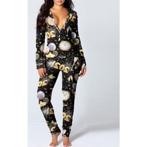 Women Sexy Printed Romper, Adults Casual Long Sleeve V-neck Button Down Playsuit / Jumpsuit