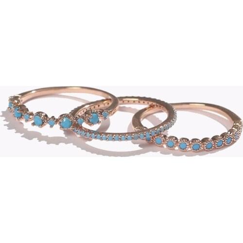 Fashion Rose Gold Color 3pc Stacking Ring Paved Blue Turquoises Full-Stone for Women Engagement Wedding Ring Boho Jewelry Gifts
