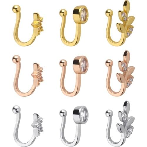 1Pcs Fashion Charm Flower Heart Pentagram Crystal Metal Nose Ring Fake Nose Ring Clip On Nose Ring Earrings Simple Jewelry