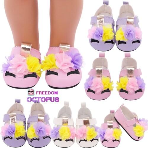 43cm Baby 3 Flowers Colorful Doll Shoes Coarse&fine Eyebrows Leather Velcro Shoes For 18inch American 1/3BJD Russia Girl Dolls