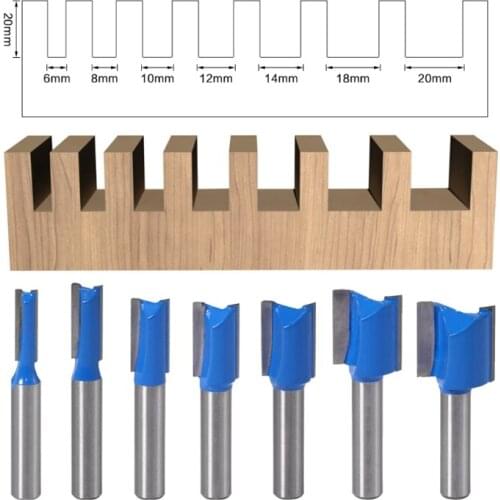 7 Pcs/set Woodworking Tools 8mm Shank Grooving Router Bit 2-blade Straight Milling Cutter Dia 6-20mm Sharp Carbon Steel