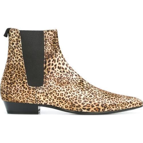 2019 New Luxury Men Leopard Chelsea Boots Rock Genuine Leather Block Heels Snake Shoes Male British Slip On Punk Footwear