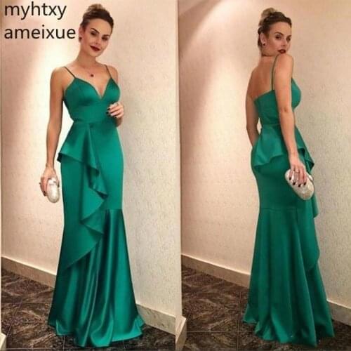 Cheap Green Spaghetti Mermaid Evening Dresses 2019 New Design Ruffles Prom Gowns Floor Length Plus Size Red Carpet Party Wear