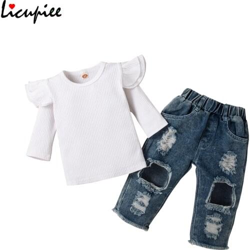 1-6 Years 2 Pcs Childrens Sets Infant Solid Outfits, Girls Ribbed Fly Sleeve Round Neck T-shirt + Ripped Jeans with Pockets