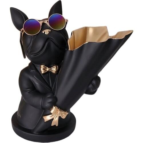 Modern Bouquet Bulldog Dog Statue Vase Flower Arrangement Artist Room Home Decoration Accessories Gift Art Sculpture Crafts