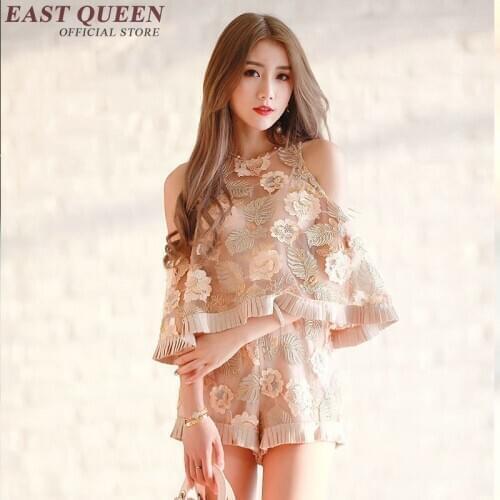 Elegant ladies shorts sets cold shoulder women summer suits flare sleeve floral embroidery women two piece set NN0603 YQ