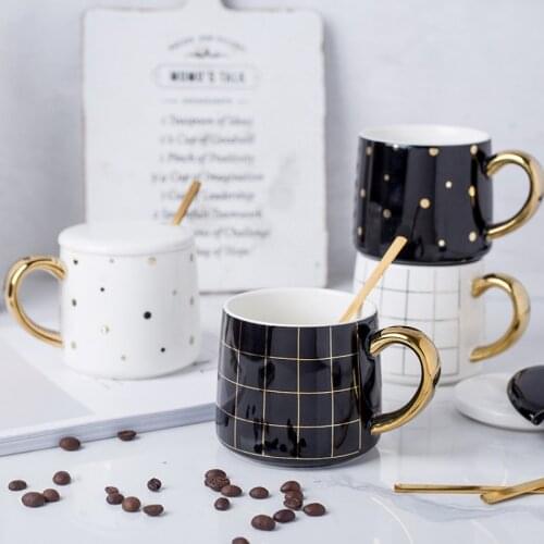 Ins Hot Ceramic Coffee Mugs Classical Polk Dot and Check Pattern 300ml Water Cup for Office and Home Juice Milk Cups