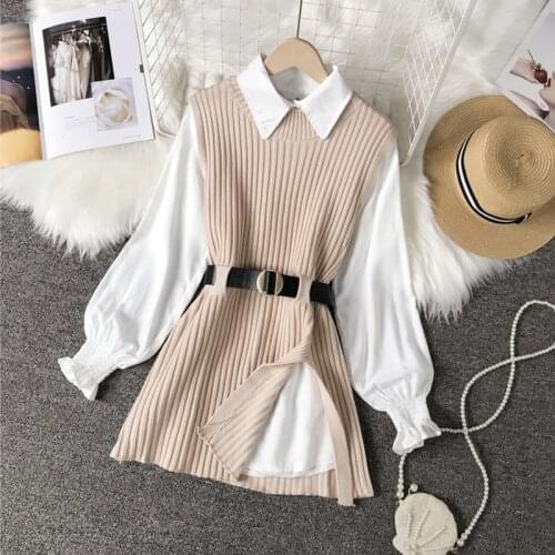 2 Two Piece Set 2021 Spring Autumn Long Lantern Sleeve Shirt Women Knitted Vest Womens Shirts Sets Sleeveless Sweater Tops