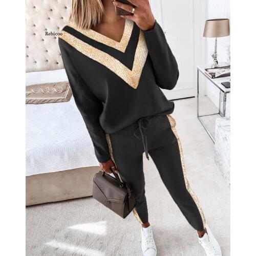Womens 2 Pcs Sequins Long Sleeve Top Sweatshirt Drawstring Waist Pants Gym Set Home Clothes Tracksuit Sports Suits