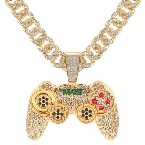 Rhinestone Cuban Necklace Iced Out Link Chain Game Controller Handle Pendant Necklace for Women Men Gold Color Hip Hop Jewelry