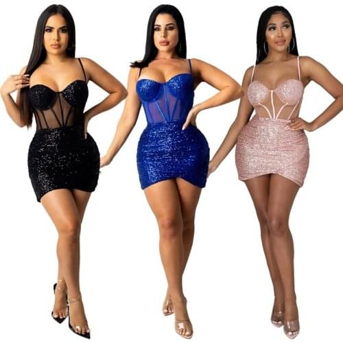 Sexy Sheer Mesh Patchwork Sequins Mini Dress Summer Autumn Sleeveless Spaghetti Strap See Through Package Hip Dress Party Bodyco