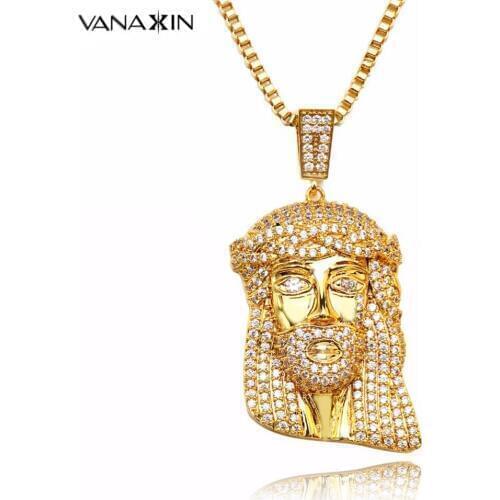 VANAXIN Hiphop Men Jesus Head Pendant Gold Charm Metal Big JESUS Face Necklace Chain Fashion Punk Jewelry 269 Pieces Bling CZ