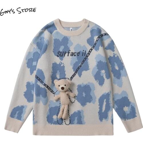 Mens cartoon bear sweater mens winter fashion long-sleeved knitted pullover oversized cotton coat 2021 new