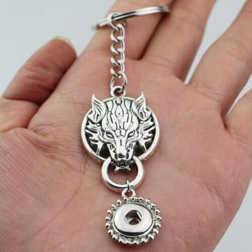 New Mens Anime Final Fantasy KeyChain Wolf Head Pendant Punk Cosplay Key Chains With 12mm 18mm Metal Charms Snap Buttons