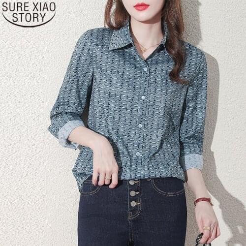 2021 Autumn New Fashion Print Tops Silk Shirt Women Satin Blouse Shirt Blusa Mujer Office Lady Button Up Shirt Clothes 16702